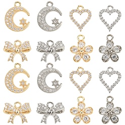 Platinum & Light Gold 16 шт. 8 стили стойка покрытие латунь микропаве кубические циркониевые подвески, долговечный, платина и светлое золото, 10~15x10.5~15x2~5 мм, отверстие : 1.2~1.4 мм, 2 шт / стиль