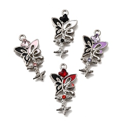 Платина Подвески из сплава и страза, бабочка, с эмалью, платина, 35x18.5x4.5 мм, отверстие : 2.5 мм
