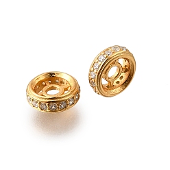 Настоящее золото 18K 925 бусины из стерлингового серебра с микропаве, прозрачные бусины из кубического циркония, плоско-круглые, реальный 18 k позолоченный, 6x2 мм, отверстие : 1.5 мм