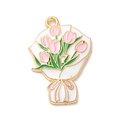 Pink Подвески из эмали и сплава, золотые, букет очарование, розовые, 27.5x18x2 мм, отверстие : 1.8 мм