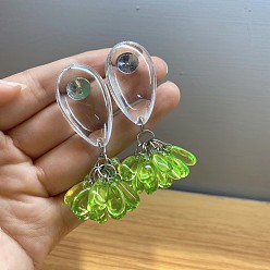 Green Yellow Alloy Resin Stud Dangle Earrings, Flower, Golden, Green Yellow, 65mm
