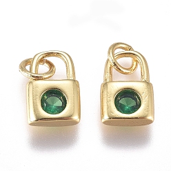 Green Brass Micro Pave Cubic Zirconia Charms, with Jump Ring, Long-Lasting Plated, Lock, Golden, Green, 8.5x6x2mm, Hole: 3mm