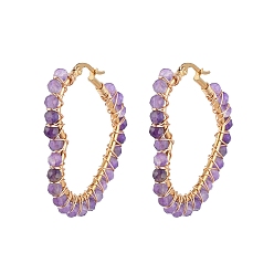 Аметист Серьги из 201 нержавеющей стали, серьги-кольца с бусинами, с природными аметист бисера, сердце, золотые, 46x43x4.5 мм, штифты : 1x0.6 мм