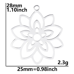 Stainless Steel Color Non-Tarnish 304 Stainless Steel Pendants, Hollow, Lotus Charm, Stainless Steel Color, 28x25mm