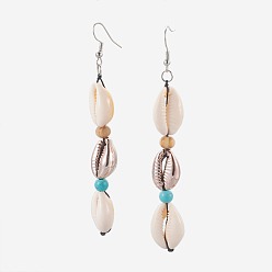 Rose Gold Cowrie Shell Dangle Earrings, with Synthetic Turquoise and Wood Beads, Brass Earring Hooks, Rose Gold, 88~96mm, Pin: 0.7mm