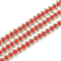 Orange Red Brass Handmade Faceted Glass Beaded Chains, with Spool, Soldered, Long-Lasting Plated, Real 18K Gold Plated, Rondelle, Orange Red, 7x3.5mm, about 16.4 Feet(5m)/roll