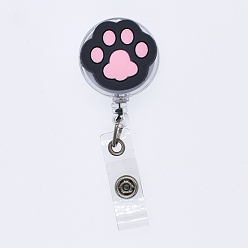 Noir Bobine de badge en plastique pvc avec empreinte de patte de chat, porte-badge rétractable, avec pince à cheveux en fer platine, noir, 85x32x17mm