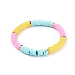 Colorful Stretch Bracelets, with Handmade Polymer Clay Heishi Beads and Brass Spacer Beads, Colorful, 2-1/8 inch(5.3cm)
