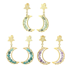 Mixed Stone 3 Pair 3 Style Natural Mixed Gemsotne Beaded Moon & Star Dangle Stud Earrings, Golden Brass Drop Earrings, 40.5x18mm, 1 pair/style