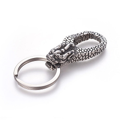 Antique Silver 304 Stainless Steel Split Key Rings, Keychain Clasp Findings, Dragon, Antique Silver, 69mm, Ring: 28x2.5mm, 22mm Inner Diameter