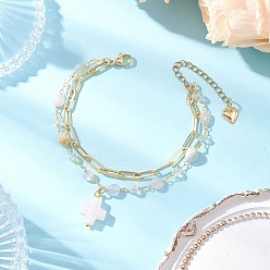 Розовый Кварц Многослойные браслеты из натуральных бусин морганита, браслеты с подвесками из натурального розового кварца для женщин, крестик, 7-1/2 дюйм (19 см)