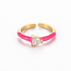 Deep Pink Brass Enamel Cuff Rings, Open Rings, Solitaire Rings, with Clear Cubic Zirconia, Nickel Free, Heart, Golden, Deep Pink, US Size 7(17.3mm)