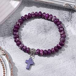 Фиолетовый Синтетические бусины из императорской яшмы и бирюзовые крестообразные браслеты для женщин и мужчин, фиолетовые, внутренний диаметр: 2-1/4 дюйм (5.6 см)
