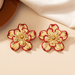 (123L) Белый крем непрозрачный блеск Серьги-гвоздики из сплава с эмалью и цветочным рисунком из запекаемой краски, золотые, огнеупорный кирпич, 55x55 мм