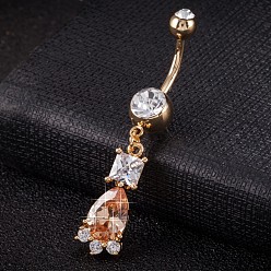 Оранжевый Пирсинг украшения, кольцо пупка из экологически чистой латуни с фианитом, кольца живота, с 304 стержнем из нержавеющей стали, реальный 18 k позолоченный, слеза, оранжевые, 48x9 мм, длина стержня: 3/8"(10мм), бар: 14 калибр (1.6 мм)