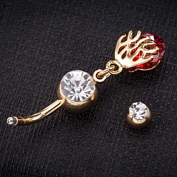 Красный Пирсинг украшения, латунное кольцо пупка с фианитом, кольца живота, с 304 стержнем из нержавеющей стали, без кадмия и без свинца, реальный 18 k позолоченный, красные, 38x8 мм, длина стержня: 3/8"(10мм), бар: 14 калибр (1.6 мм)