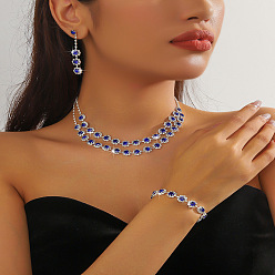 Сапфир Двухслойные цепочки из цветочного сплава со стразами, серьги-гвоздики и браслеты, серебряные, сапфир, 295 мм