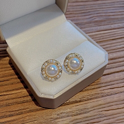 Runde Ohrstecker mit Perlen und Strass, 925 Silberne Ohrstecker für Damen, Runde, 26x13 mm