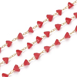 Красный Ручной цепи стекло бисером, с фурнитурой латунной золотого тона, пайки, долговечный, треугольные, граненые, красные, 3.5~4x4~4.5x3 мм, около 32.8 футов (10 м) / рулон
