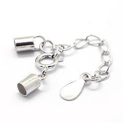 Platinum Rhodium Plated 925 Sterling Silver Cord Ends, with Extender Chains, Teardrop Charms and Spring Ring Clasps, Platinum, 48mm