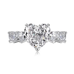 Платинированный Кольца для женщин с родиевым покрытием в форме сердца из стерлингового серебра с микропаве из кубических цирконий, Реальная платина, Сердце: 925 mm, внутренний диаметр: 10.5x10 мм