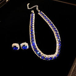 Капри Синий Комплекты из квадратных латунных цепочек со стразами и серег-гвоздиков, платина, Капри синий, 420 мм