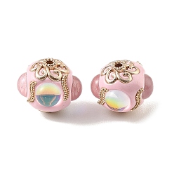 Pink Handmade Polymer Clay Indonesia Beads, with Alloy & Resin, Round, Light Gold, Pink, 17x20x19.5mm, Hole: 2mm