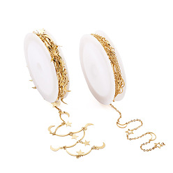 Золотой 2 стили латунных тросовых цепей ручной работы и звеньевых цепей, долговечный, пайки, с подвесками и шпулей, звезда и луна, золотые, 2 м / стиль