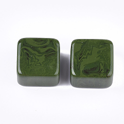 Green Resin Beads, Imitation Gemstone, Square, Olive Drab, 15.5~16x15.5~16x10mm, Hole: 3.5mm