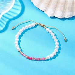 Ярко-Розовый Регулируемые плетеные браслеты из бисера из натурального агата, с нейлоновой нитью и пластиковой имитацией жемчуга, ярко-розовый, внутренний диаметр: 2-1/4~2-3/4 дюйм (5.6~7.1 см)