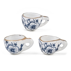 Blue Handmade Porcelain Pendants, Printed, Teacup with Floral Pattern Charms, Blue, 9~10x12.5~13x17~18mm, Hole: 2mm