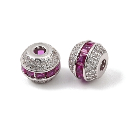 Plaqué Platine Véritable 925 Perles pavées en argent sterling et zircone cubique rose foncé, crémaillère plaquage, plaqué longue durée, tambour, Plaqué rhodium, Platine plaqué, 8x7mm, Trou: 2mm