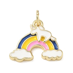 Real 14K Gold Plated Brass Pendants, with Enamel, Rainbow with Unicorn Charms, Real 14K Gold Plated, 13.5x16.5x2.5mm, Hole: 3.5mm
