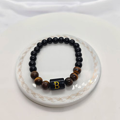 Letter B Браслеты из натурального тигрового глаза и черного обсидиана с круглыми бусинами, колонка с буквой украшения для женщин мужчин, В письме, 7-1/8 дюйм (18 см)