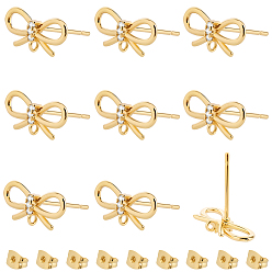 Настоящее золото 18K 10 шт. латунные серьги-гвоздики, долговечный, без никеля , бантом, с ушными гайками 10 шт., реальный 18 k позолоченный, 6.5x13.5 мм, отверстие : 1 мм, штифты : 1 мм