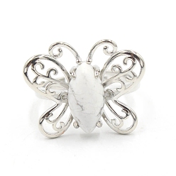 Говлит Регулируемые кольца из натурального говлита «конский глаз» для женщин, металлические кольца на палец в виде бабочки платинового тона, Бабочка: 20x24 mm