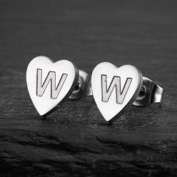 Letter W Сердце 201 нержавеющей стали серьги, цвет нержавеющей стали, Буква W, 10x10 мм