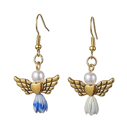 Cornflower Blue Angel Antique Golden Alloy & Resin Dangle Earrings, Imitation Pearl Acrylic Drop Earrings, Cornflower Blue, 45x21.5mm