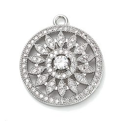 Платина Латунные микро проложить кубического циркония подвески, плоские круглые с цветком, стойки покрытие, долговечный, без свинца и без кадмия, платина, 23.5x20.5x5 мм, отверстие : 1.8 мм