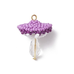 Средняя Орхидея Подвески-грибы из стеклянных бусинок, со стеклом и золотой железной петлей, граненые, средне орхидеи, 29.5x22 мм, отверстие : 1.8 мм