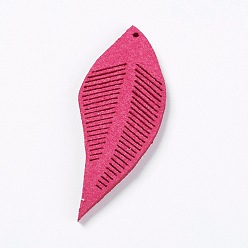 Medium violett rot Anhänger aus Wildlederimitat, Blatt, Medium violett rot, 43~44x16~17x1.5 mm, Bohrung: 1 mm