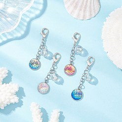 Платина 4 шт. 304 подвески из нержавеющей стали и смолы, украшения, с карабин-лобстерами , плоский круглый с рыбой в русалочной форме, платина, 52.5 мм