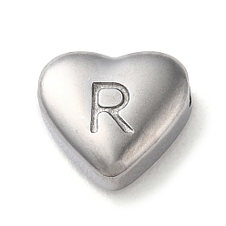Letter R 201 Stainless Steel Beads, Stainless Steel Color, Heart, Letter R, 7x8x3.5mm, Hole: 1.5mm