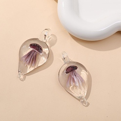 Purple Handmade Lampwork Pendants, Teardrop with Jellyfish, Purple, 59x32mm