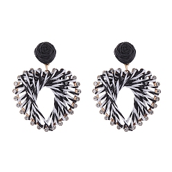 Black Raffia Grass Stud Earring, Heart, Black, 64x48mm