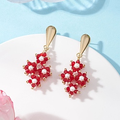 Красный Серьги стекло болтаться, ромб, С 304 результатами из нержавеющей стали, золотые, красные, 55.5x25.5 мм