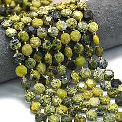 Желтая Бирюза(яшма) Бусы из натуральной желтой бирюзы (яшмы), граненый шестиугольный разрез, плоско-круглые, с бисером, 10~10.5x6 мм, отверстие : 1 мм, около 31~32 шт / нитка, 15.35''~15.55'' (39~39.5 см)