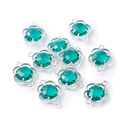 чирок Соединители стеклянные ссылки, с фурнитурой Berzel с открытой спиной из экологически чистого сплава, граненые, цветок, серебряный цвет гальваническим, зелено-синие, 15.5x12x3 мм, отверстие : 1.4 мм