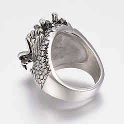 Antique Silver 304 Stainless Steel Finger Rings, Wide Band Rings, Dragon, Antique Silver, 17~23mm
