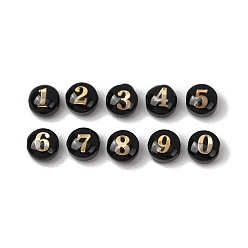 Noir 10 pièces 10 styles perles de coquillage naturel teintées, plat rond avec le nombre 0~9, avec de la résine époxy dorée, noir, 8x5.3mm, Trou: 1mm, à propos de 1pc/style